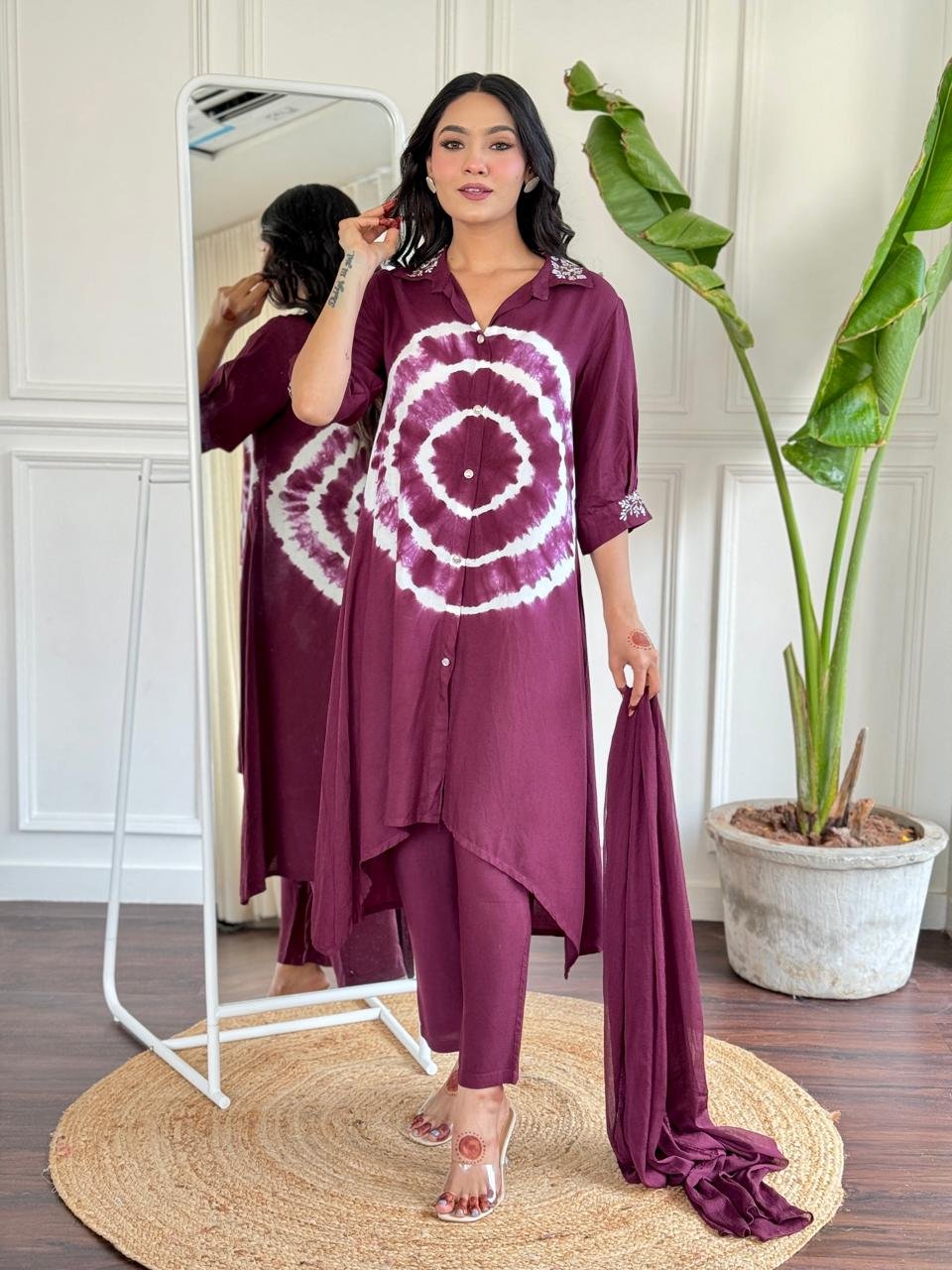 Maroon Rayon Kurti Plazo With Chiffon Dupatta